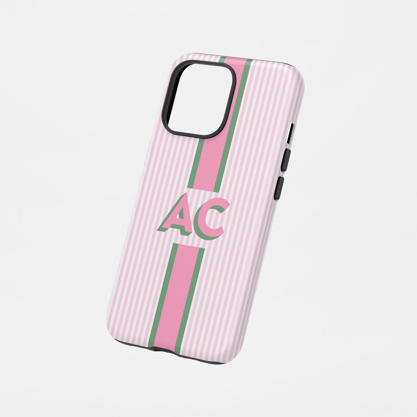 Pink and green striped phone case with bold AC monogram.