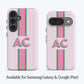 Pink and green striped phone cases with AC monogram, available for Samsung Galaxy and Google Pixel.