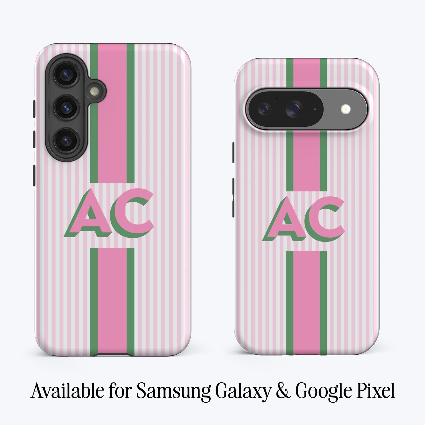 Pink and green striped phone cases with AC monogram, available for Samsung Galaxy and Google Pixel.