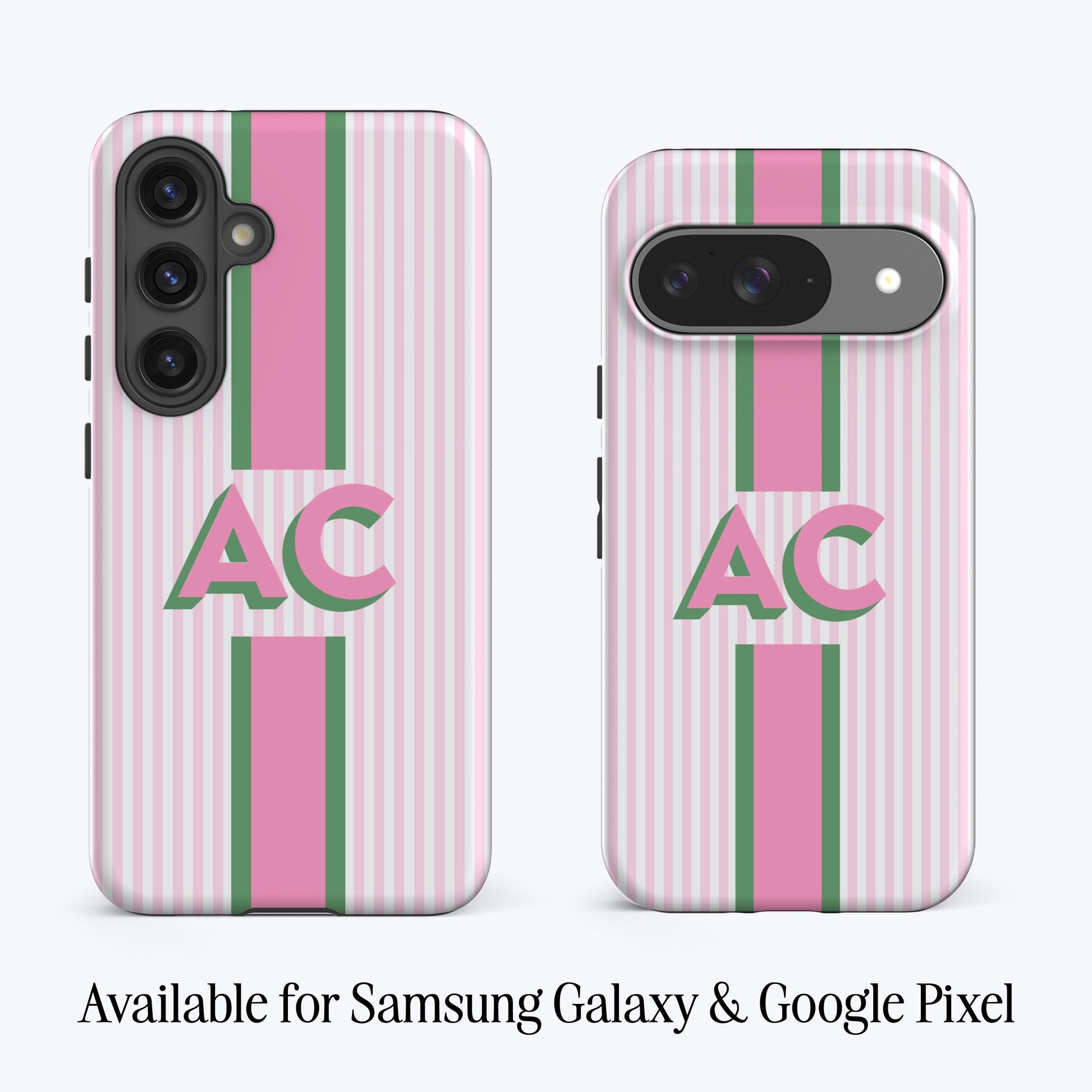 Pink and green striped phone cases with AC monogram, available for Samsung Galaxy and Google Pixel.