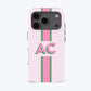 Phone case with pink and green stripes and AC monogram.
