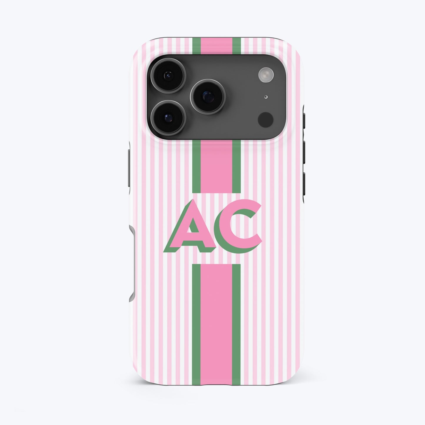 Phone case with pink and green stripes and AC monogram.