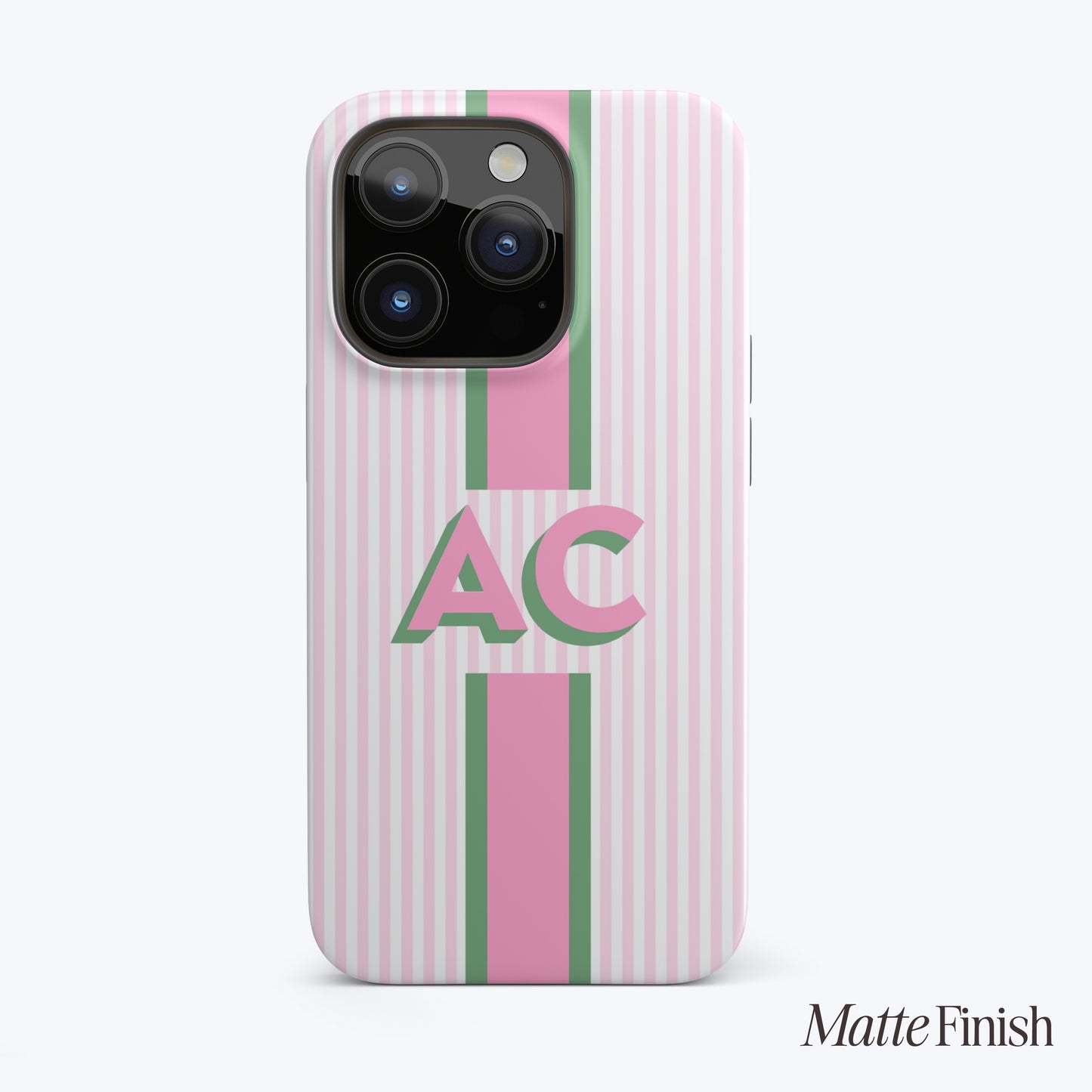 Phone case with pink and green stripes, featuring large green AC initials.